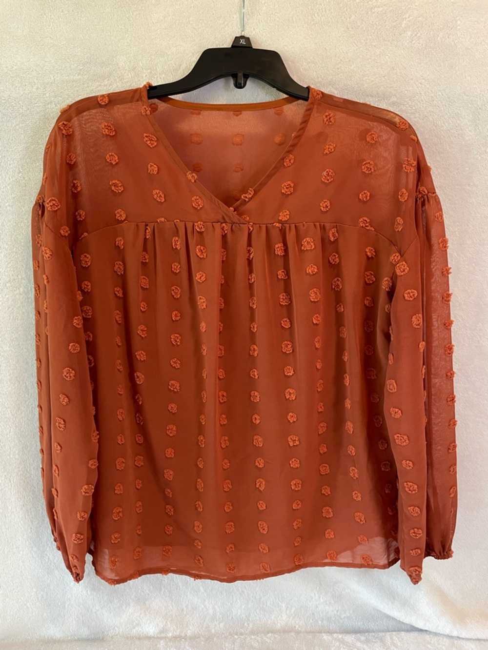 Women's Rust Orange V-Neck Textured Long Sleeve Blouse